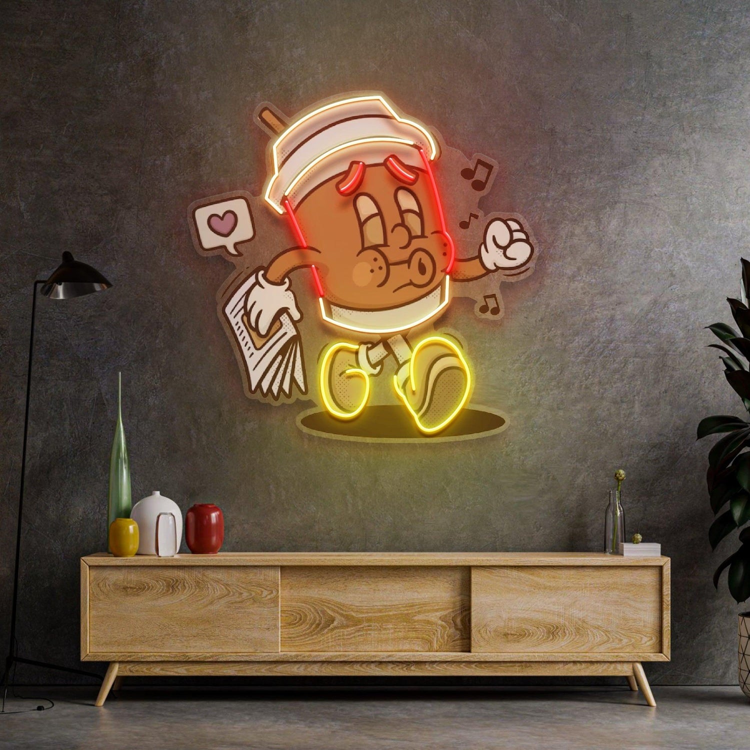 Retro Coffee Cup Cartoon Uv Printed Led Neon Sign For Cafe Home Decor | Shineneon