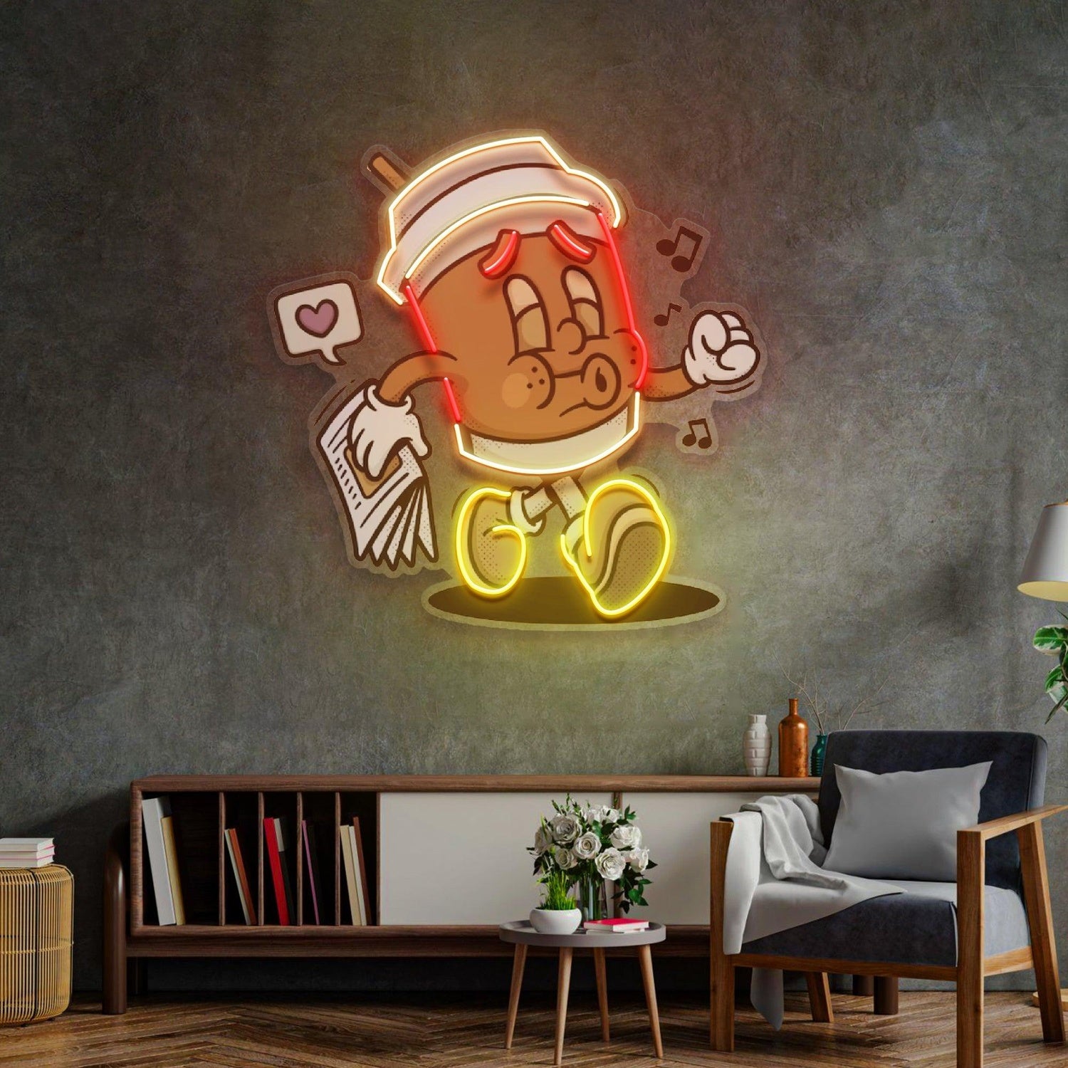 Retro Coffee Cup Cartoon Uv Printed Led Neon Sign For Cafe Home Decor | Shineneon