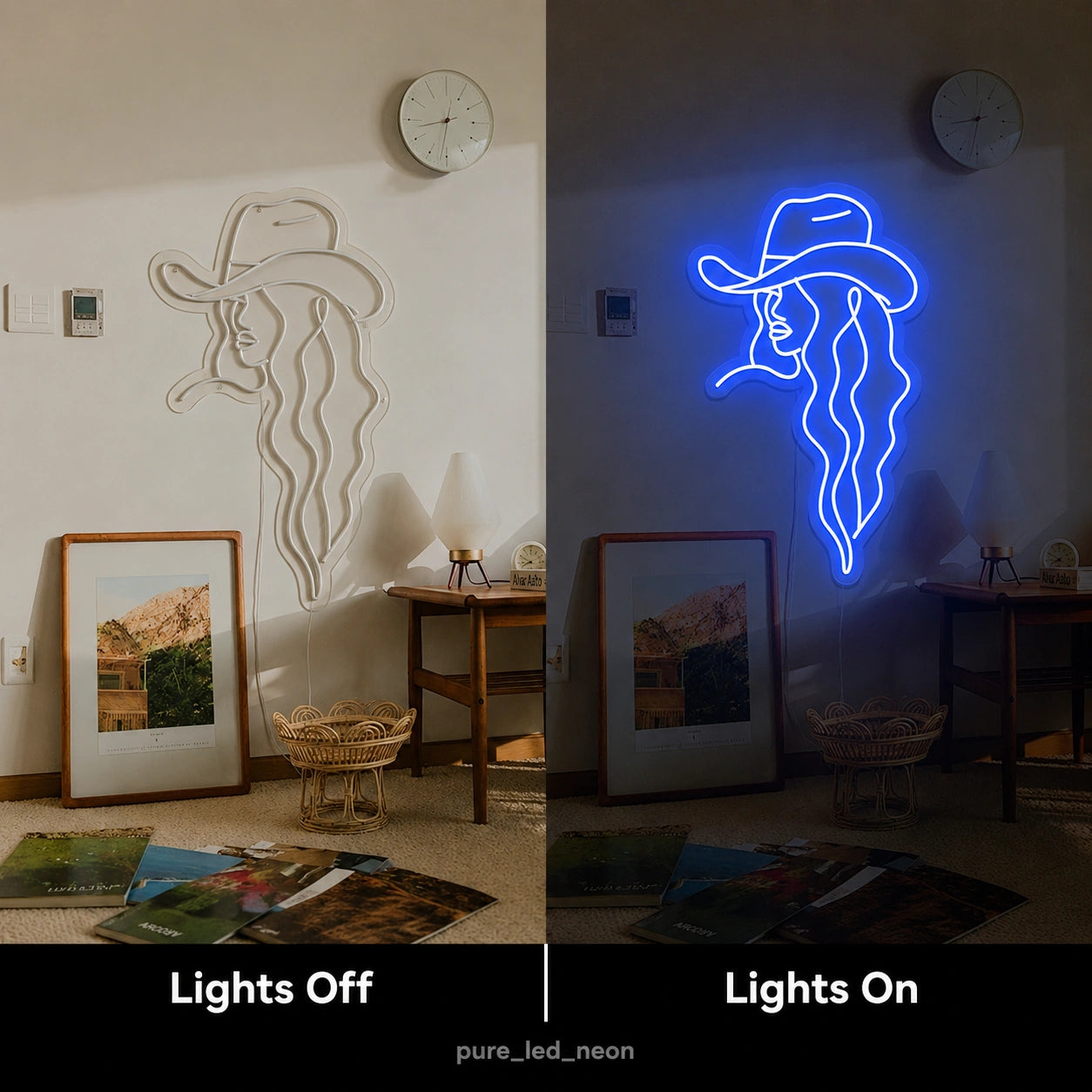 Retro Cowgirl Neon Sign LED Neon Sign day and night comparison