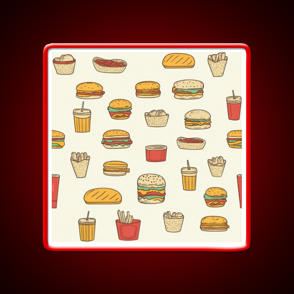 Retro Fast Food Doodles Fast Food Led Neon Sign For Burger Place Rgb Color