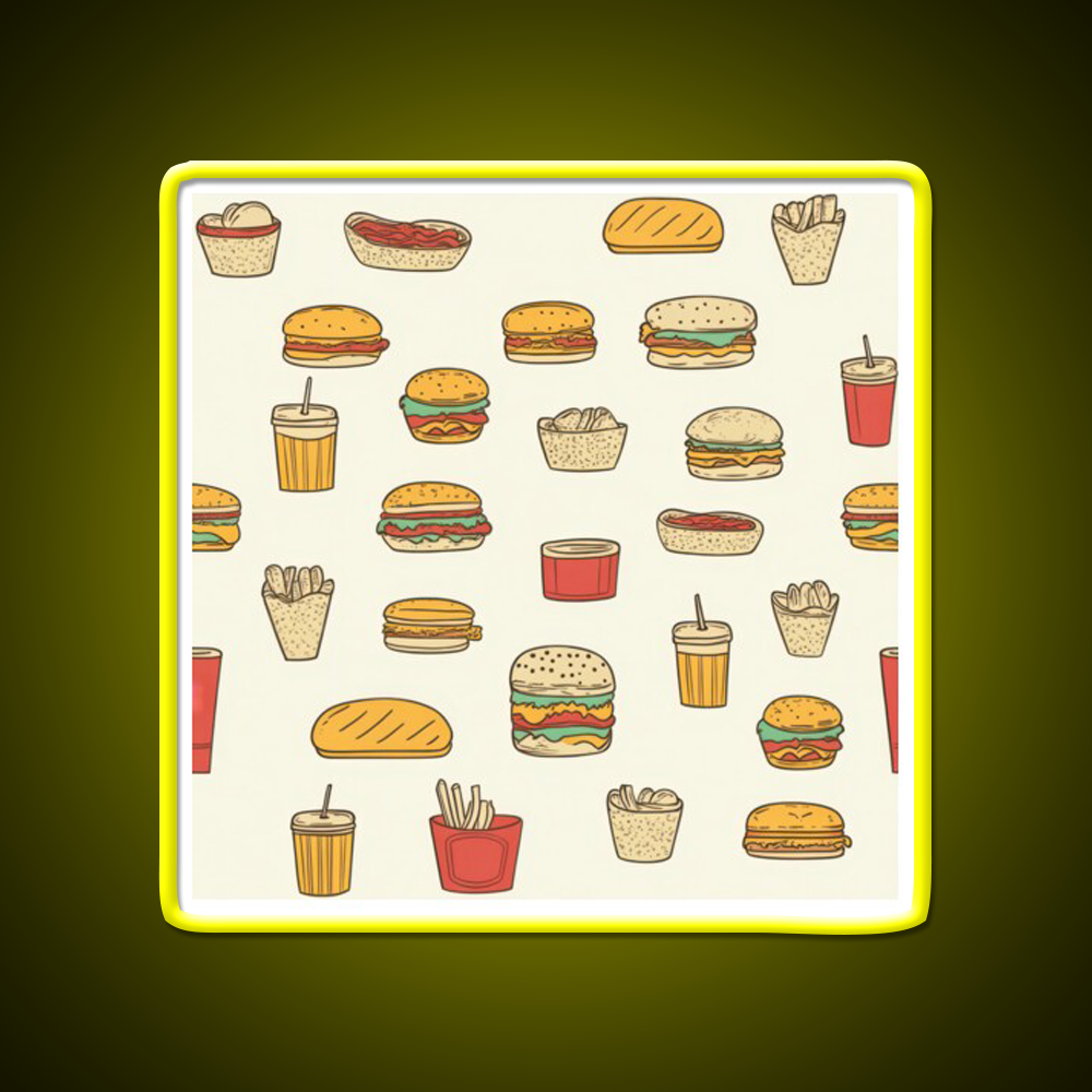 Retro Fast Food Doodles Fast Food Led Neon Sign For Burger Place Rgb Color