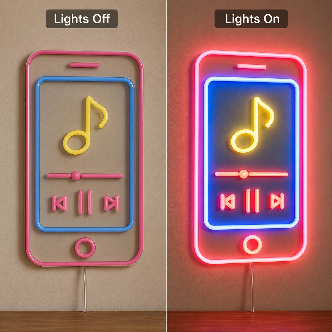 Retro Music Player Neon Sign LED Neon Sign day and night comparison