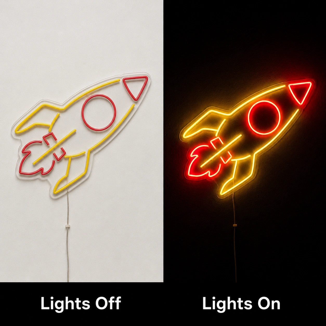Retro Rocket Neon Sign LED Neon Sign day and night comparison