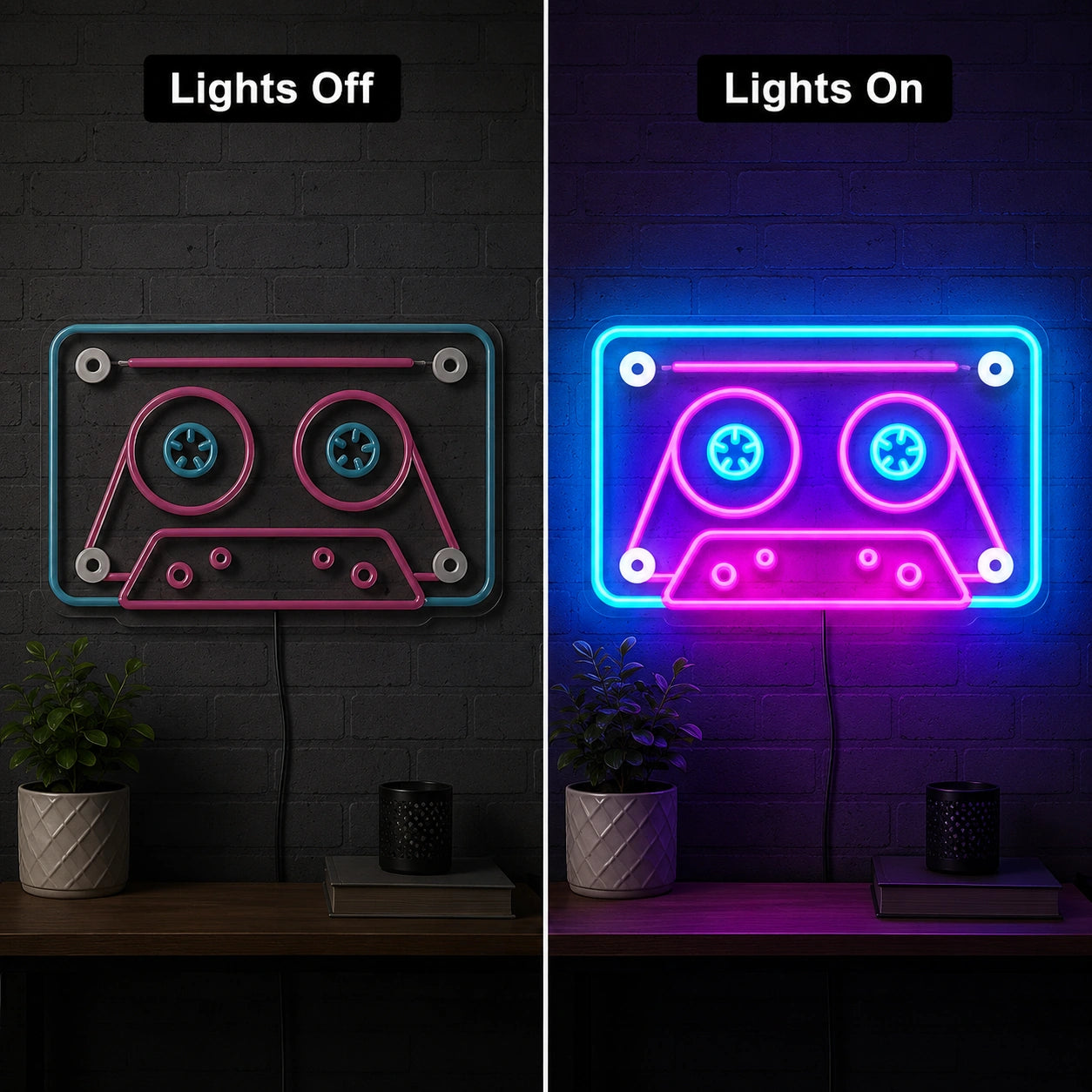 Retrowave Cassette Neon Sign LED Neon Sign day and night comparison