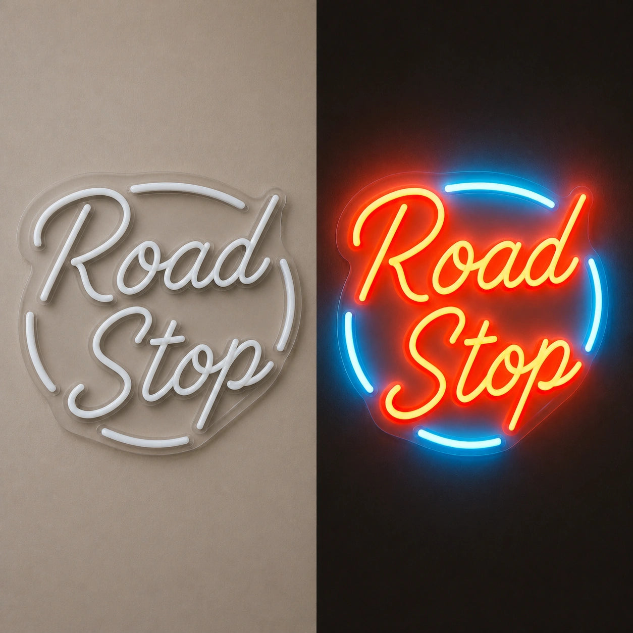 Road Stop Motel Vintage LED Neon Sign day and night comparison