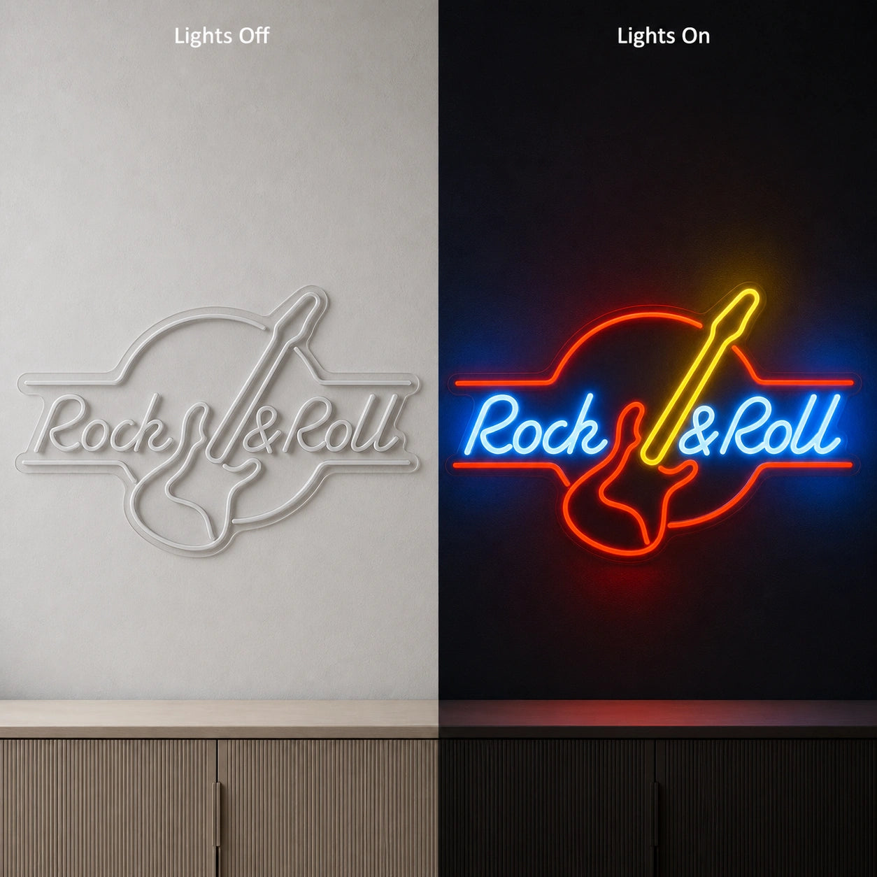 Rock And Roll Electric Guitar LED Neon Sign Garage Man Cave Neon Sign day and night comparison