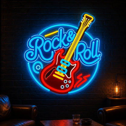 Rock And Roll Guitar Circle LED Neon Sign Garage Man Cave Neon Sign real lifestyle scene