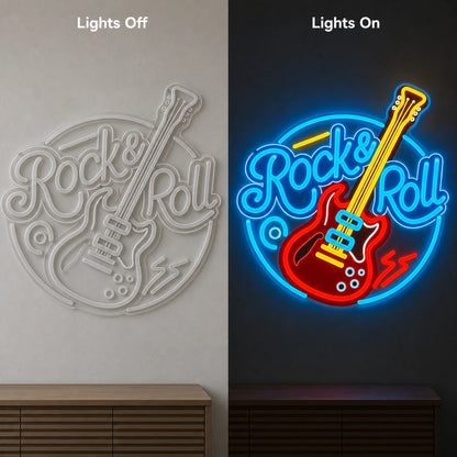 Rock And Roll Guitar Circle LED Neon Sign Garage Man Cave Neon Sign day and night comparison