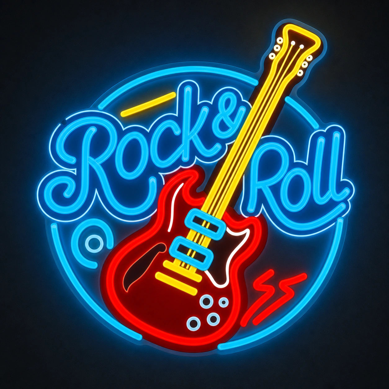 Rock And Roll Guitar Circle LED Neon Sign Garage Man Cave Neon Sign main product image