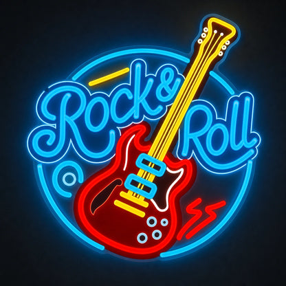 Rock And Roll Guitar Circle LED Neon Sign Garage Man Cave Neon Sign main product image
