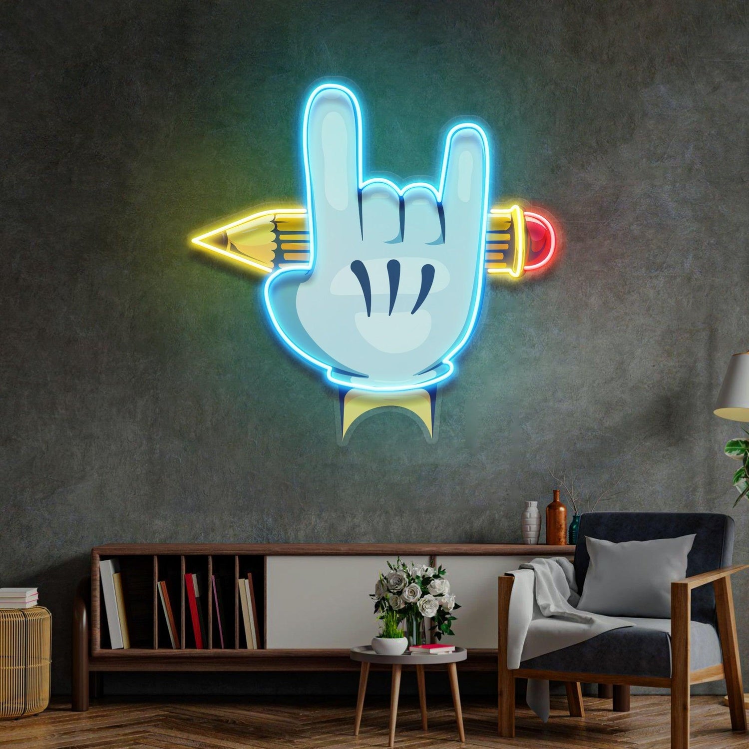 Rock Hand With Pencil Uv Printed Led Neon Sign For Creative Spaces | Shineneon