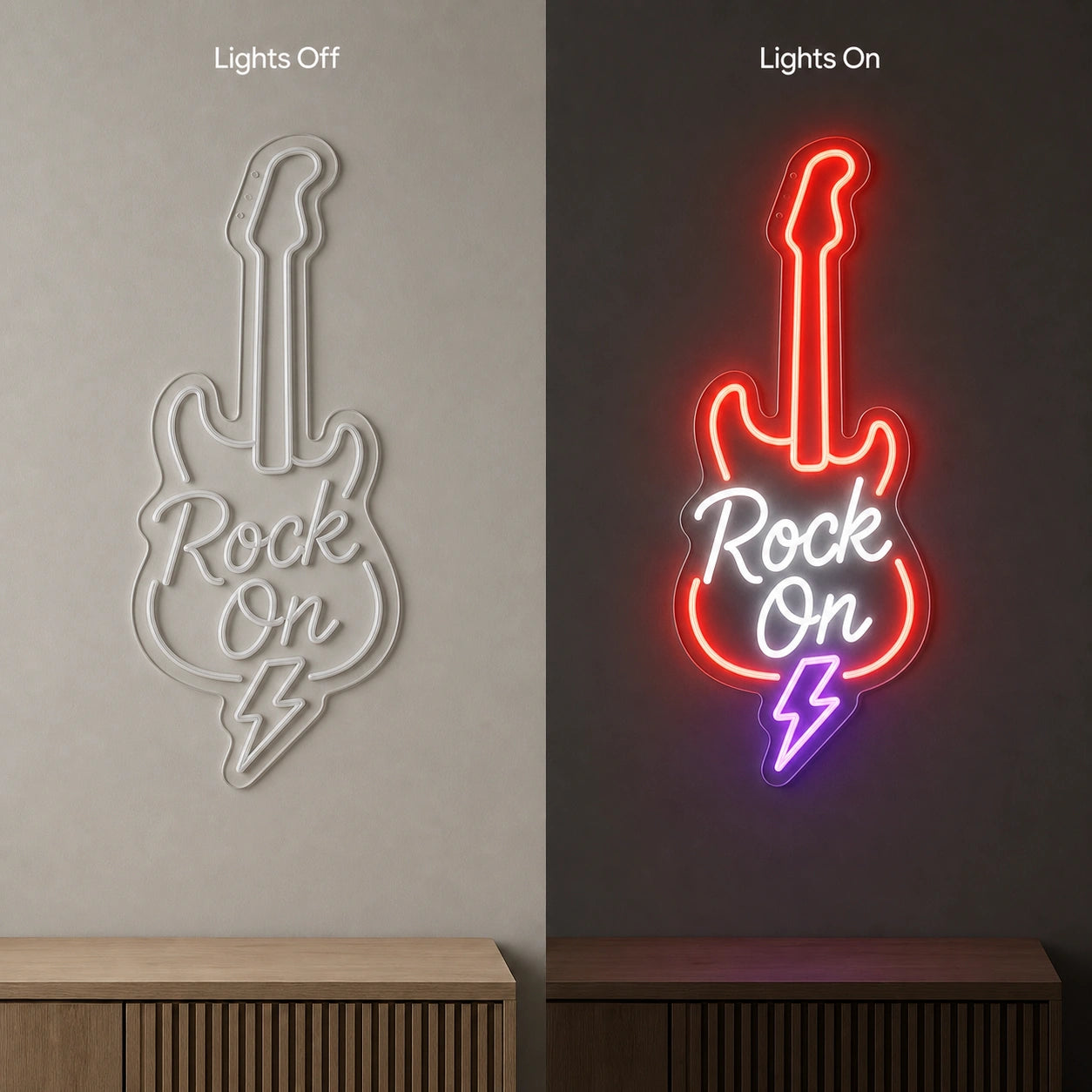 Rock On Guitar Lightning LED Neon Sign Garage Man Cave Neon Sign day and night comparison