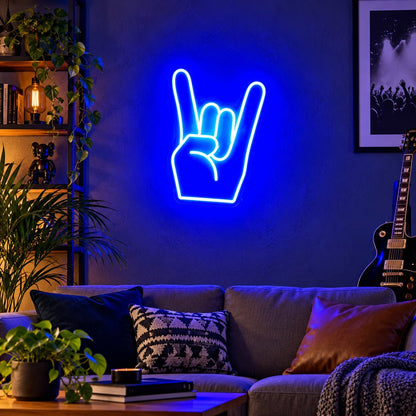 Rock On Hand Blue LED Neon Sign - Shineneon