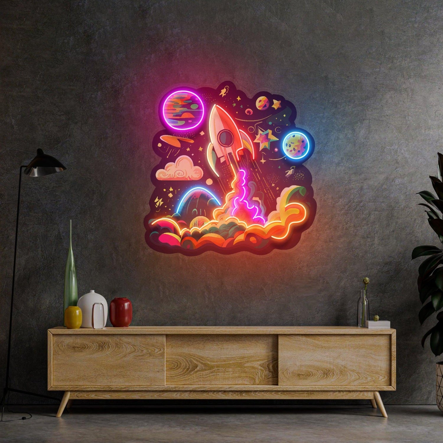 Rocket Launching Into Galaxy Uv Printed Led Neon Sign For Indoor Space Theme Decor | Shineneon