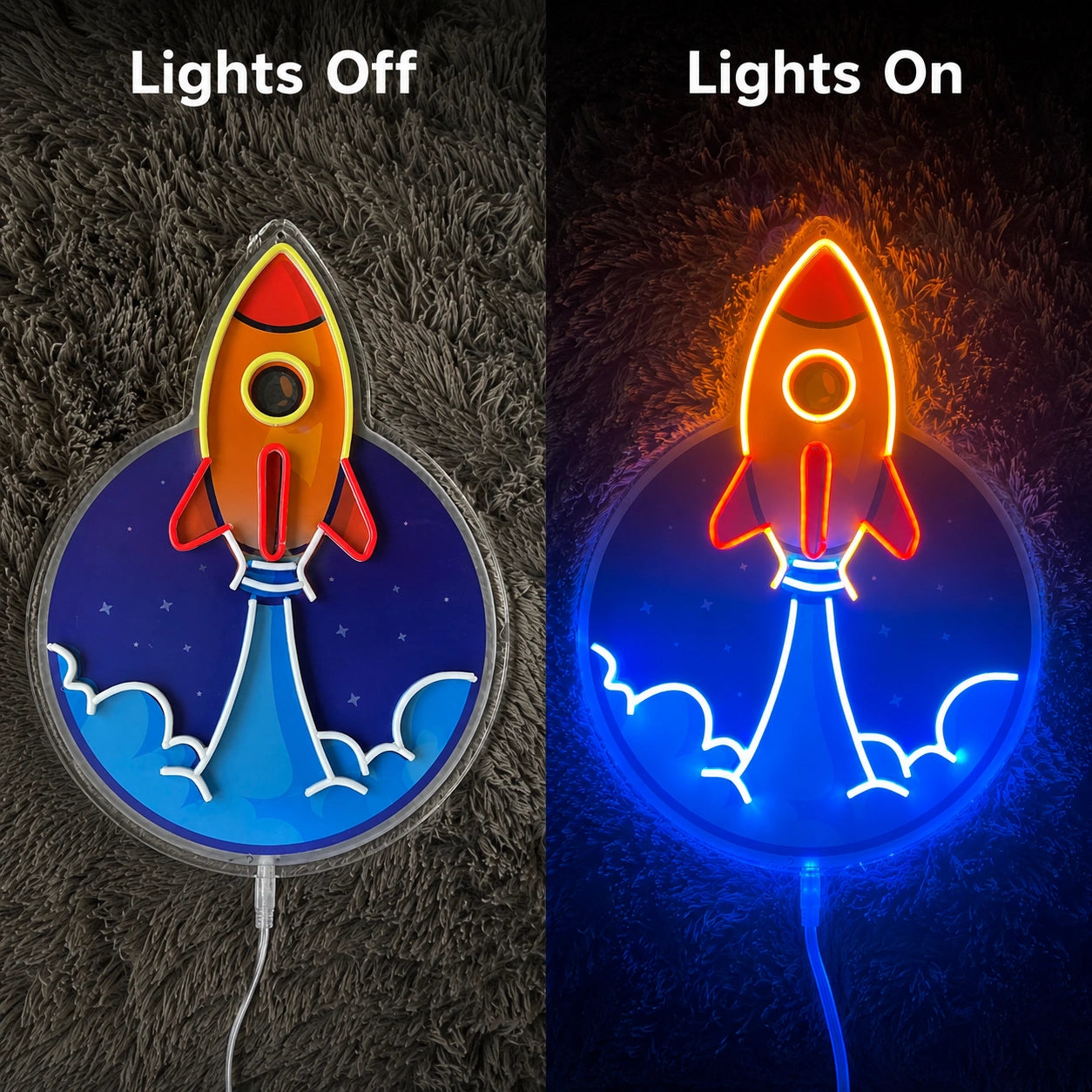 Rocket Moon Launch Neon Sign LED Neon Sign day and night comparison
