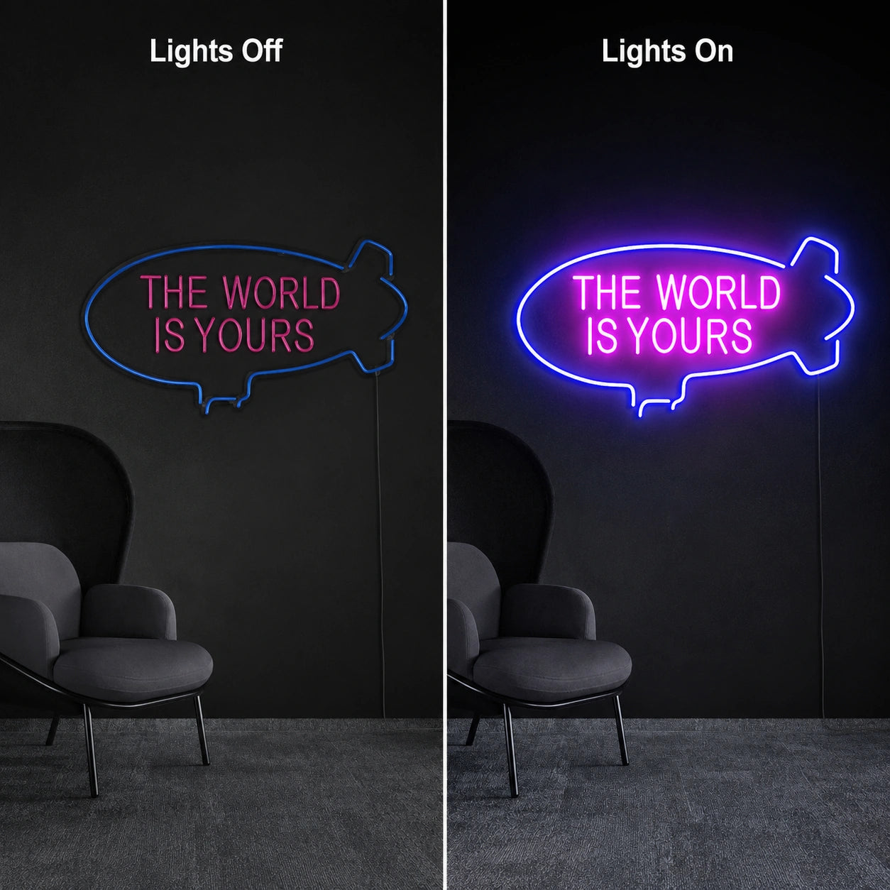 Rocket World Neon Sign LED Neon Sign day and night comparison