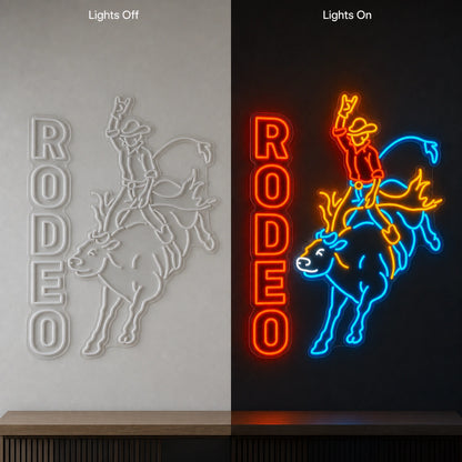 Rodeo Bull Rider LED Neon Sign Garage Man Cave Neon Sign day and night comparison