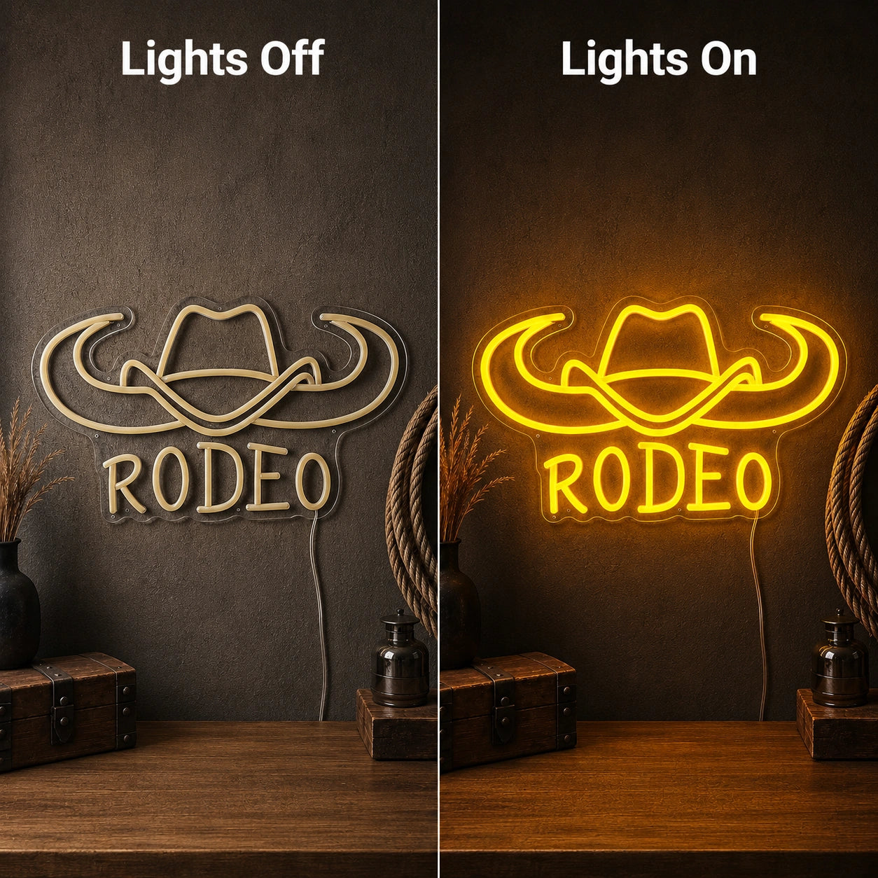 Rodeo Cowboy Hat And Bull Horns LED Neon Sign day and night comparison