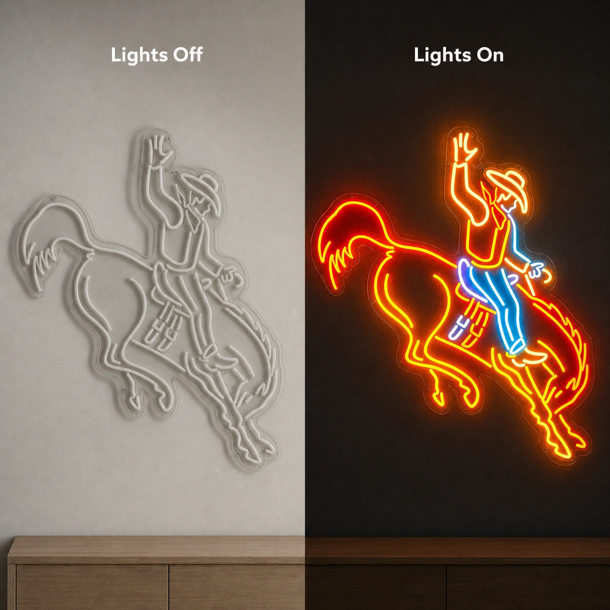 Rodeo Cowboy On Bucking Horse LED Neon Sign Garage Man Cave Neon Sign day and night comparison