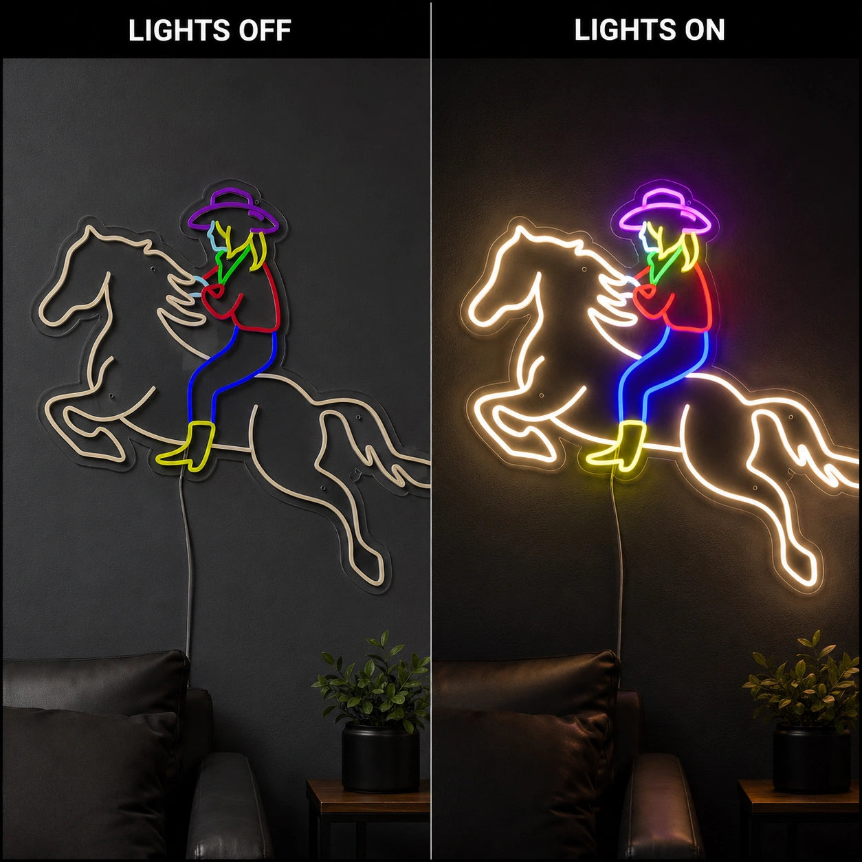 Rodeo Cowgirl Horse Neon Sign LED Neon Sign day and night comparison