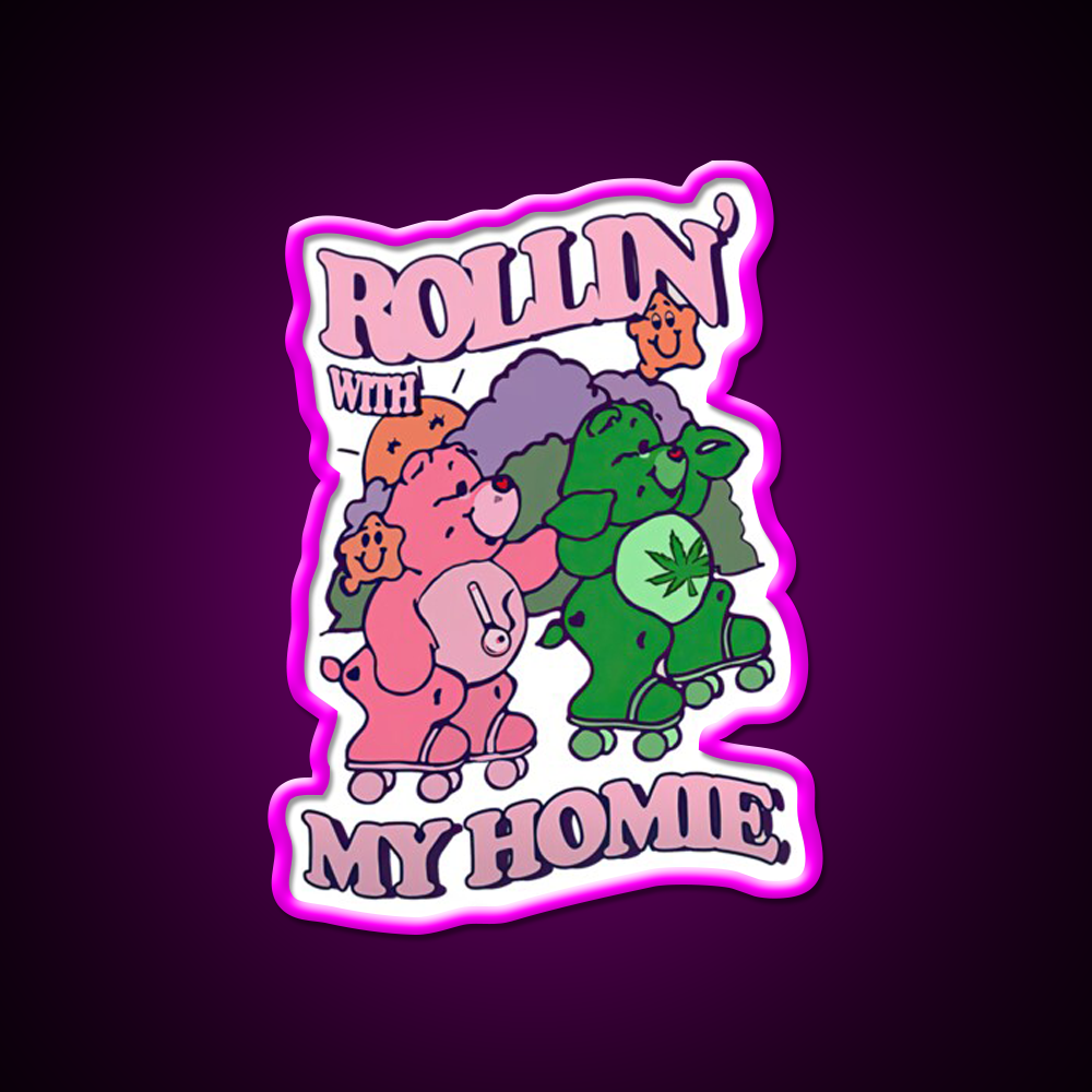 Rollin With My Homie Bear Hemp Inspired Green Leaf Led Neon Sign Rgb Color - Neon sign mounted on wall in room