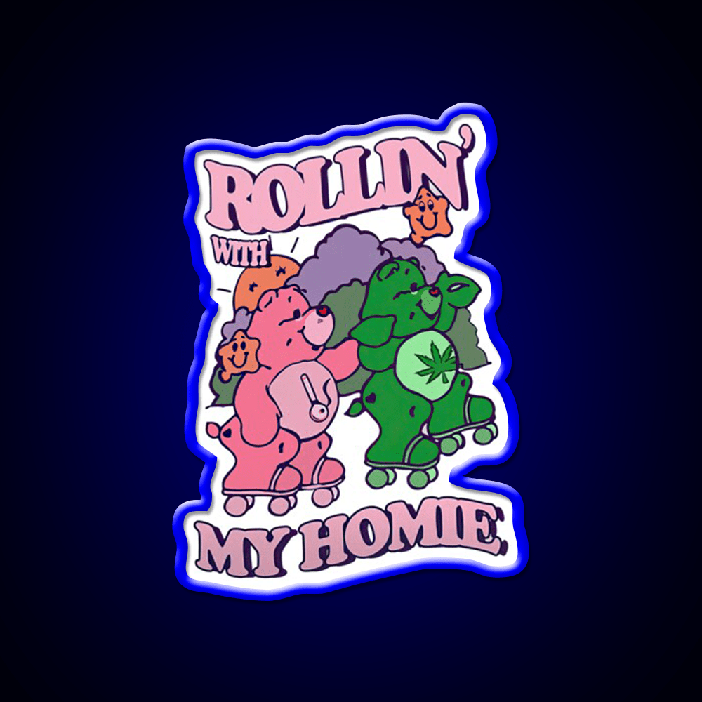 Rollin With My Homie Bear Hemp Inspired Green Leaf Led Neon Sign Rgb Color - Shineneon