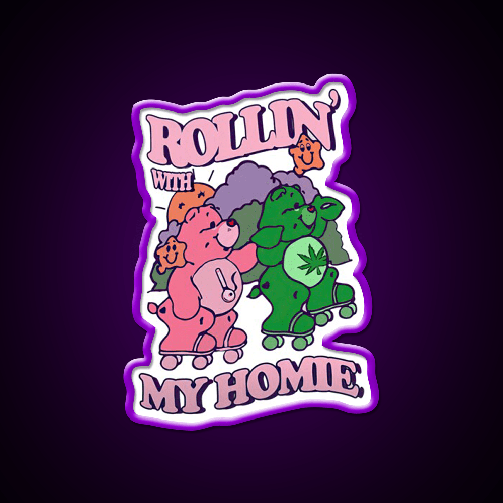 Rollin With My Homie Bear Hemp Inspired Green Leaf Led Neon Sign Rgb Color - Shineneon