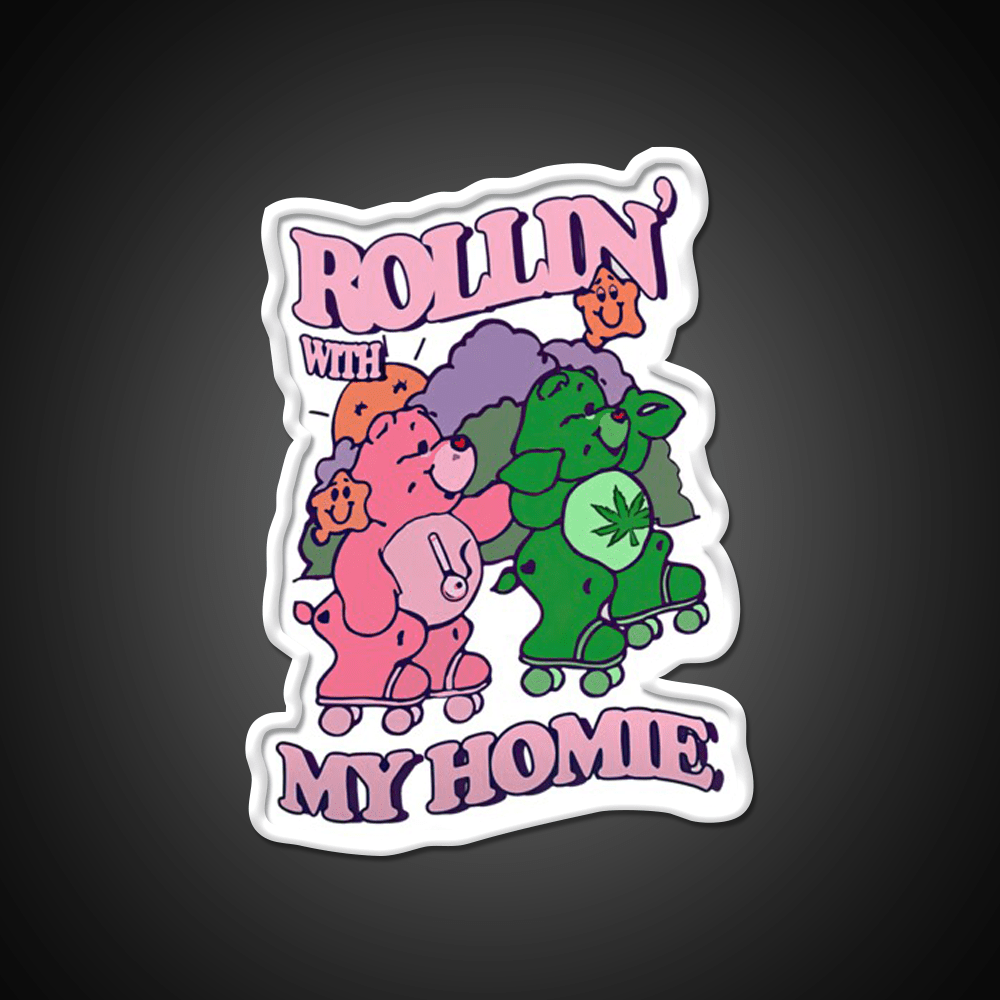 Rollin With My Homie Bear Hemp Inspired Green Leaf Led Neon Sign Rgb Color - Shineneon