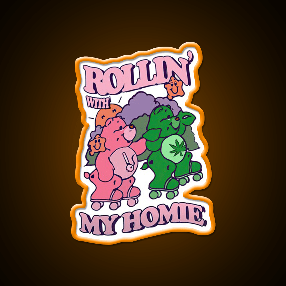Rollin With My Homie Bear Hemp Inspired Green Leaf Led Neon Sign Rgb Color - Shineneon