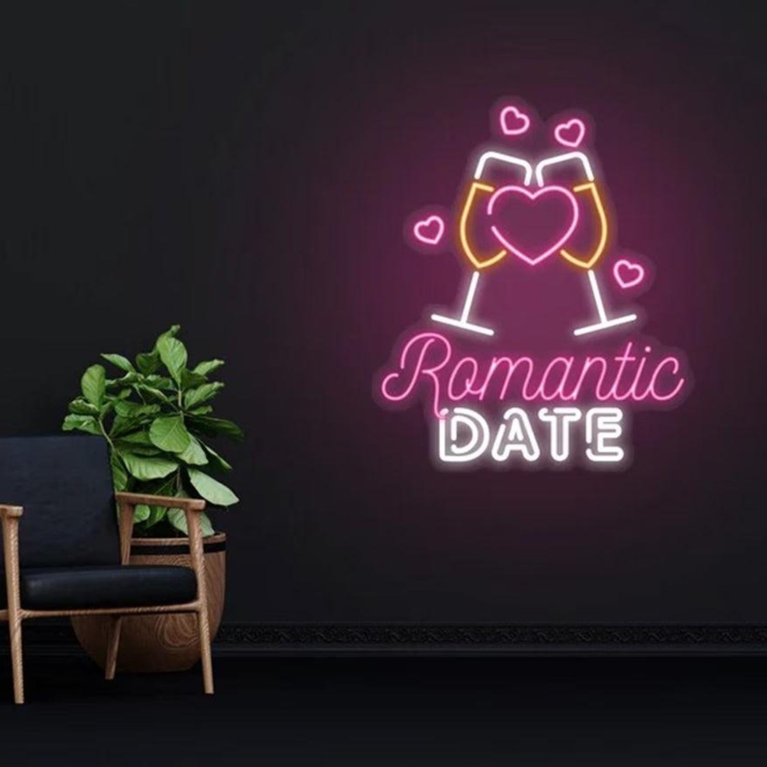 Romantic Date Pink Hearts Wine Glasses Led Neon Sign For Couples Room Decor | Shineneon