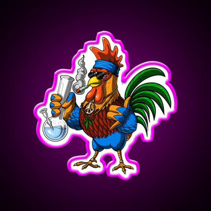 Rooster Hippie Stoner Hemp Inspired Green Leaf Led Neon Sign Rgb Color - Neon sign mounted on wall in room