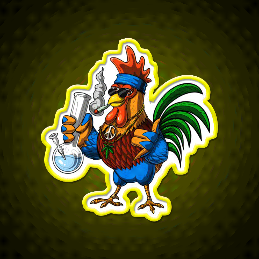 Rooster Hippie Stoner Hemp Inspired Green Leaf Led Neon Sign Rgb Color - Custom LED neon sign front view