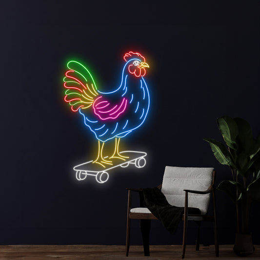 Rooster Skateboarding Neon Sign