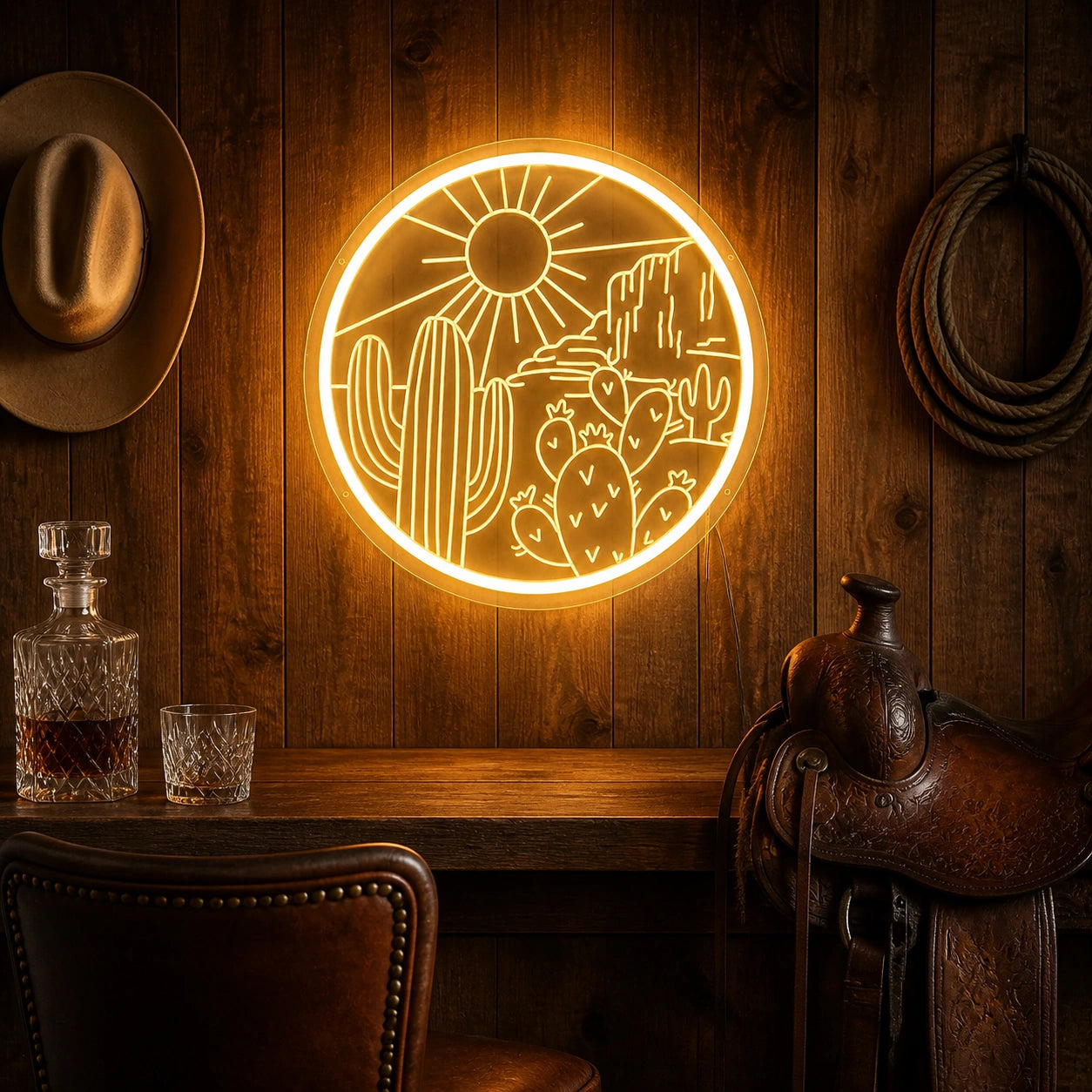 Round Cactus Sun Desert Vintage LED Neon Sign high-converting product image
