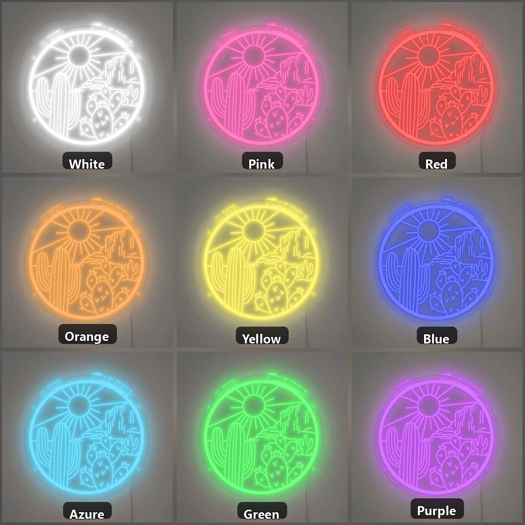 Round Cactus Sun Desert Vintage LED Neon Sign color grid
