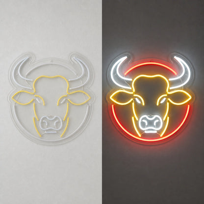 Round Frame Bull Head Vintage LED Neon Sign day and night comparison