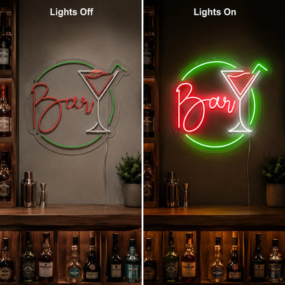 Round Martini Bar Neon Sign LED Neon Sign day and night comparison