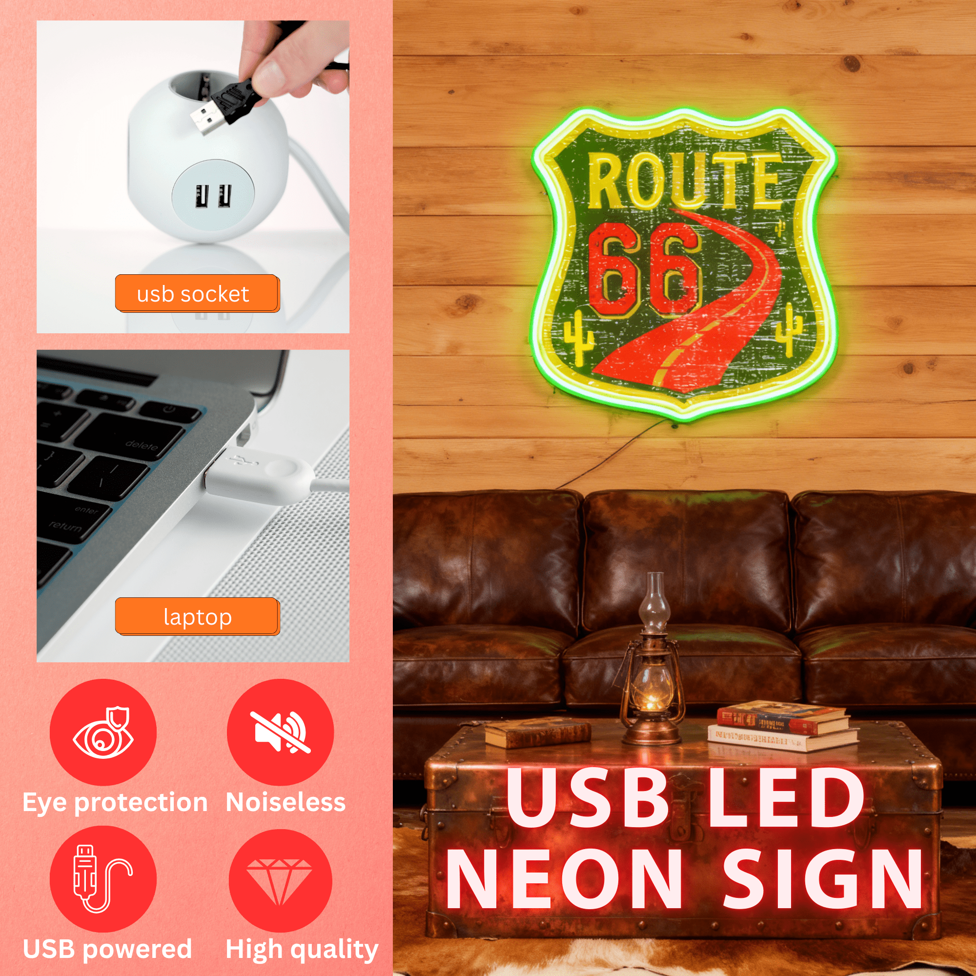 Route 66 Led Neon Sign USB American Retro Road Trip Lover Home Bar Wall Art - Shineneon