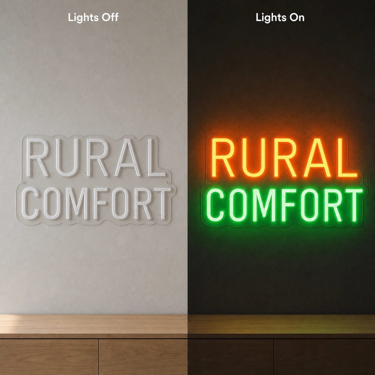 Rural Comfort LED Neon Sign Garage Man Cave Neon Sign day and night comparison
