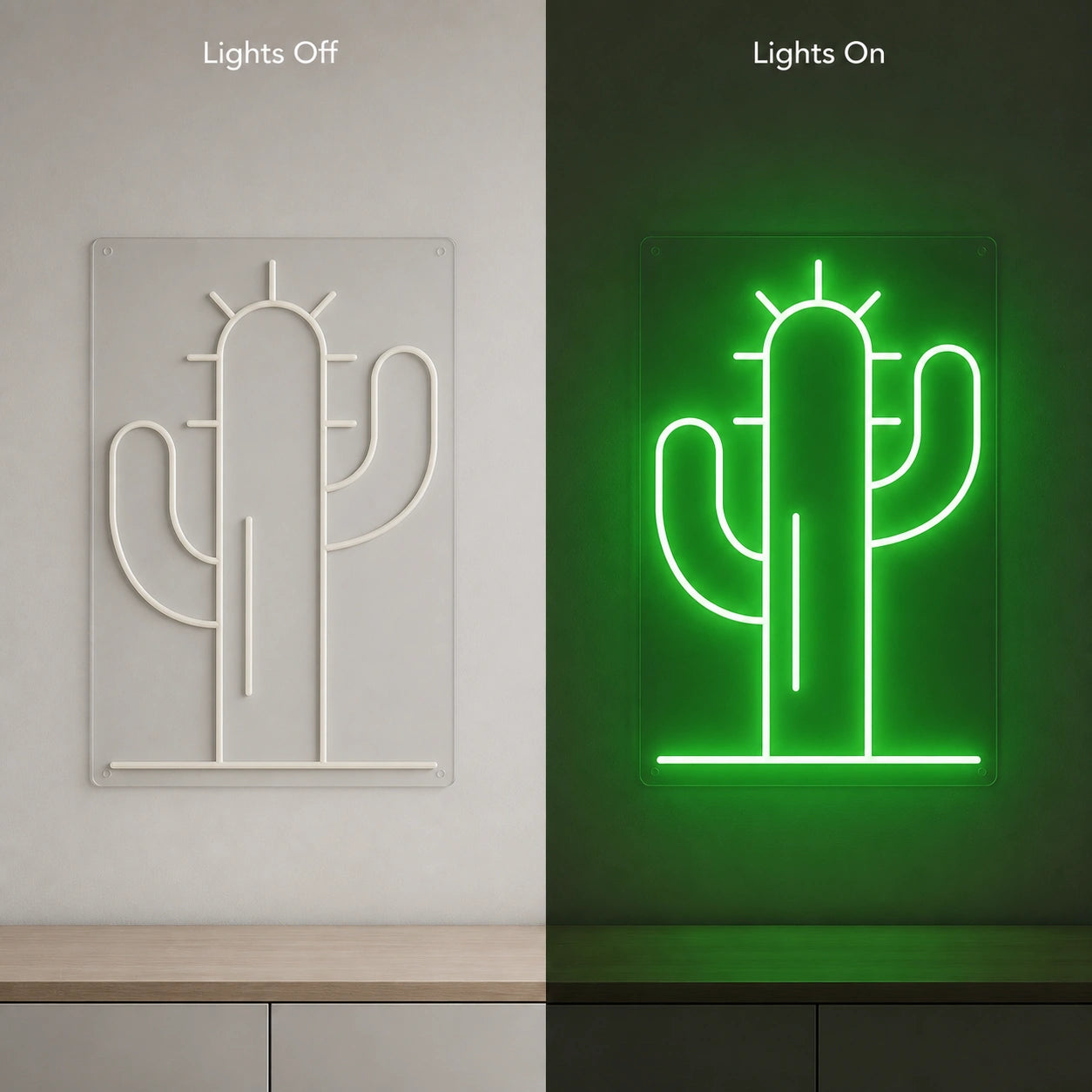 Saguaro Cactus With Spine Lines LED Neon Sign Garage Man Cave Neon Sign day and night comparison