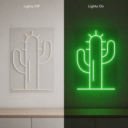 Saguaro Cactus With Spine Lines LED Neon Sign Garage Man Cave Neon Sign day and night comparison