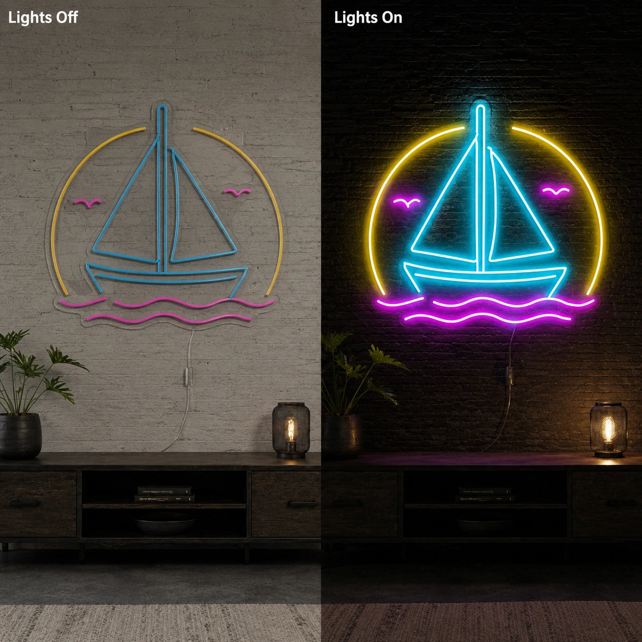 Sailboat Lake Neon Sign LED Neon Sign day and night comparison