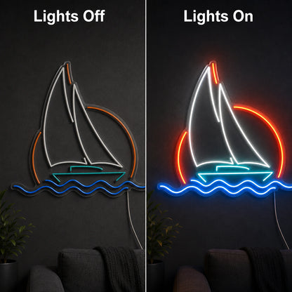 Sailboat Sun And Waves LED Neon Sign day and night comparison