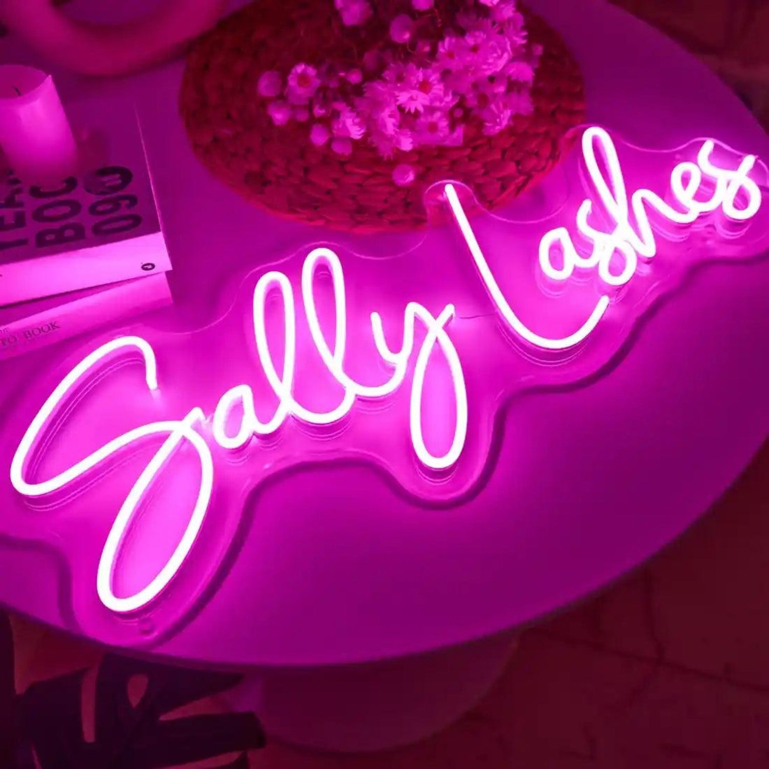 Sally Lashes Glowing Pink Led Neon Sign With White Script For Salon Decor | Shineneon