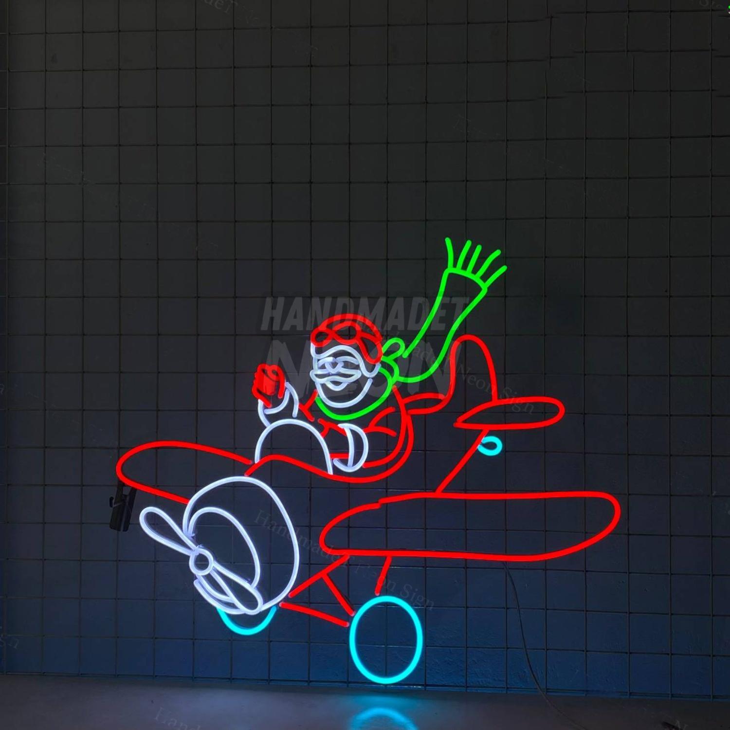 Santa Claus Flying Airplane Christmas Led Neon Sign | Shineneon