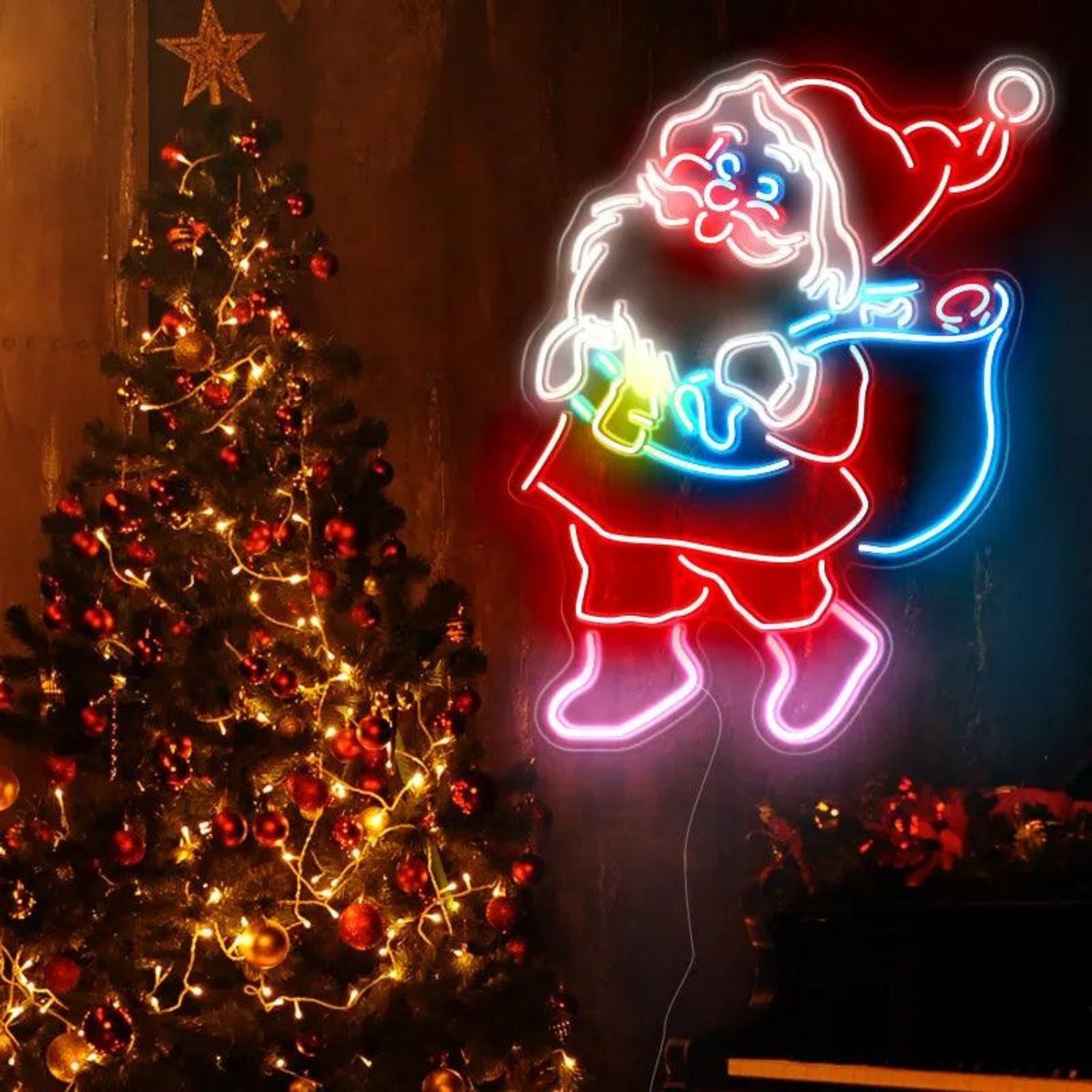 Santa Claus With Sack Multicolor Led Neon Sign For Indoor Christmas Decor | Shineneon