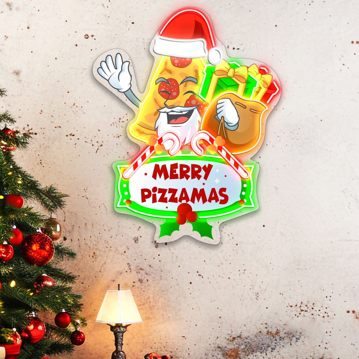 Santa with Pizza Slice Acrylic Led Neon Sign | Shineneon