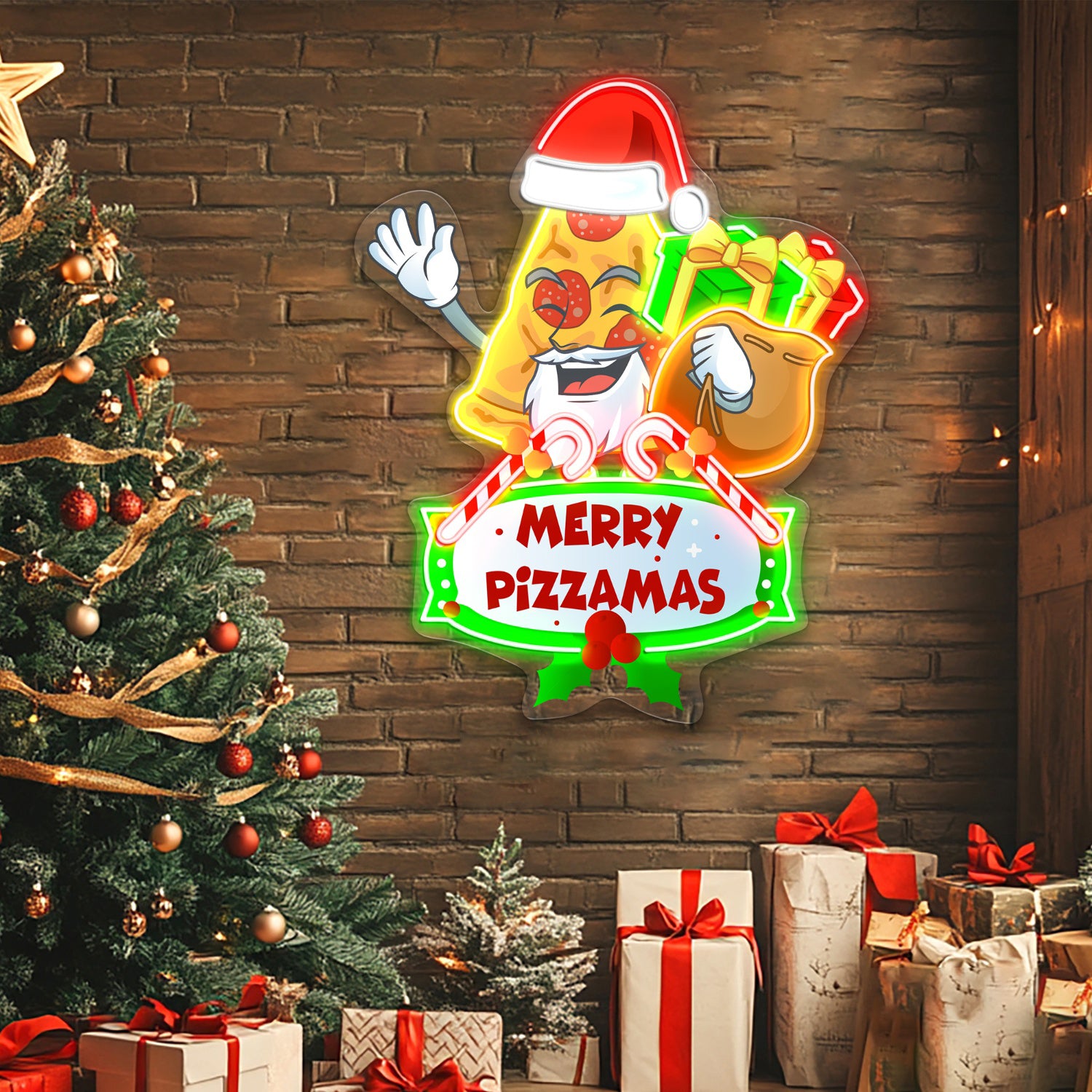 Santa with Pizza Slice Acrylic Led Neon Sign | Shineneon