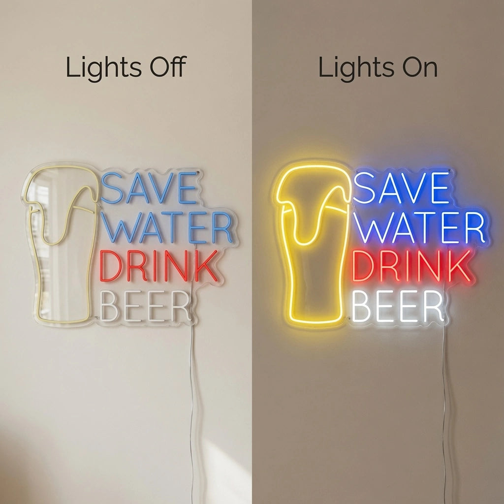 Save Water Drink Beer LED Neon Sign Wall Neon Sign - 06 Day Night Comparison