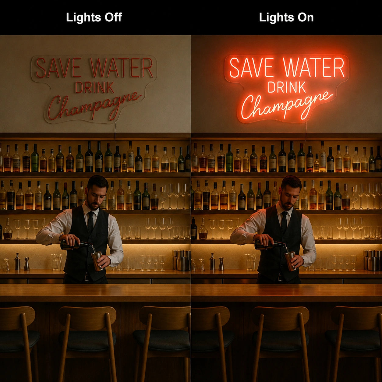 Save Water Drink Champagne Neon Sign LED Neon Sign day and night comparison